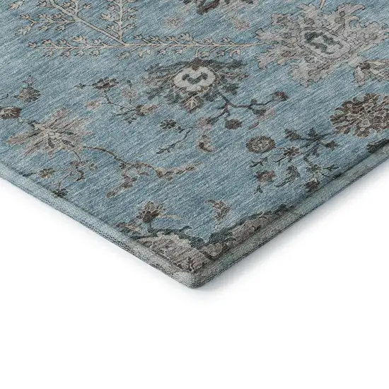 Sky Blue Beige And Gray Floral Washable Area Rug With UV Protection Photo 7