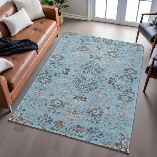 Sky Blue Beige And Gray Floral Washable Area Rug With UV Protection Photo 5