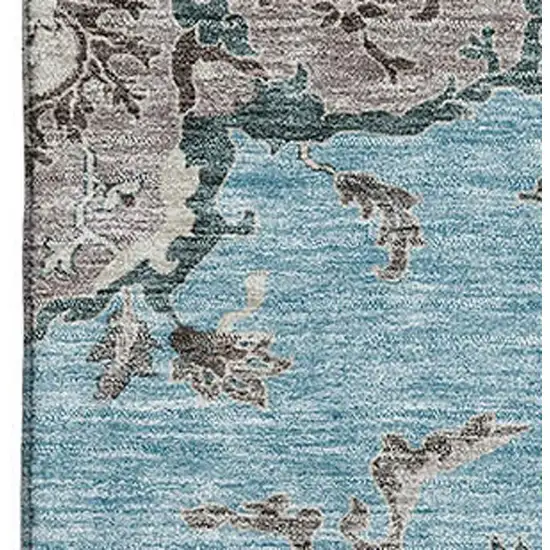 Sky Blue Beige And Gray Floral Washable Area Rug With UV Protection Photo 2