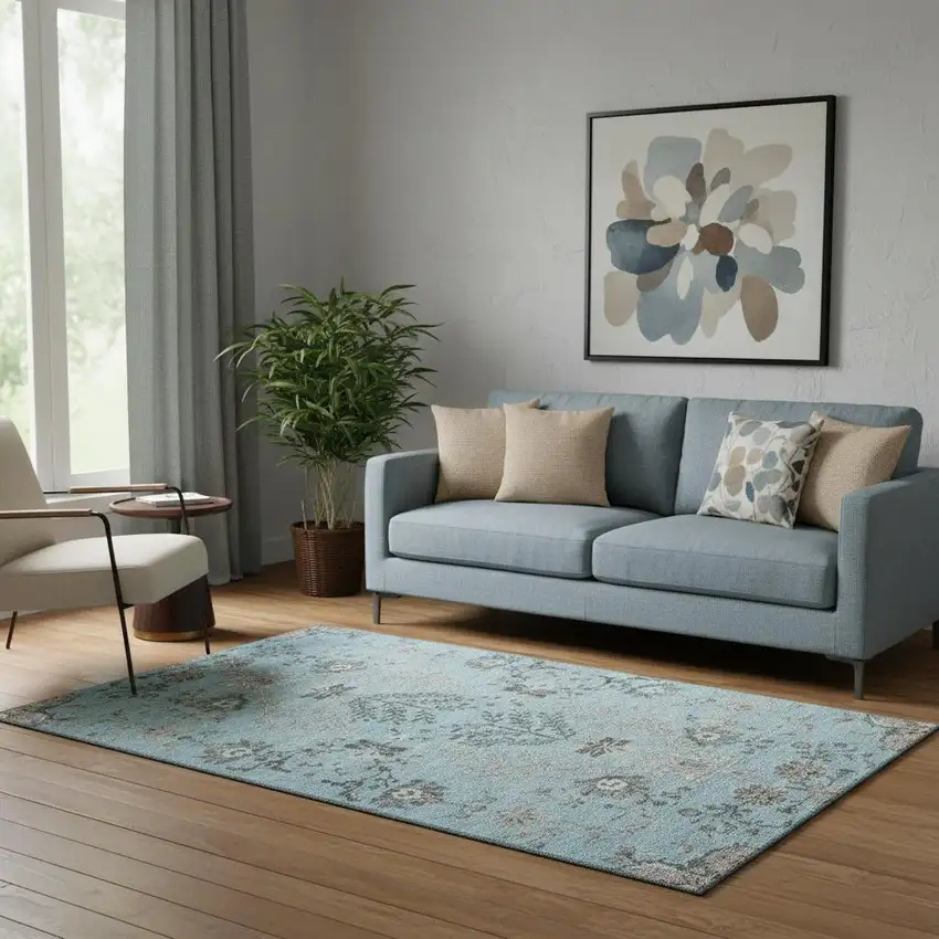 Sky Blue Beige And Gray Floral Washable Area Rug With UV Protection Photo 2