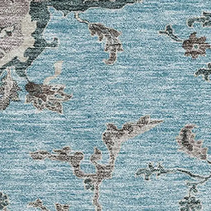 Sky Blue Beige And Gray Floral Washable Area Rug With UV Protection Photo 2