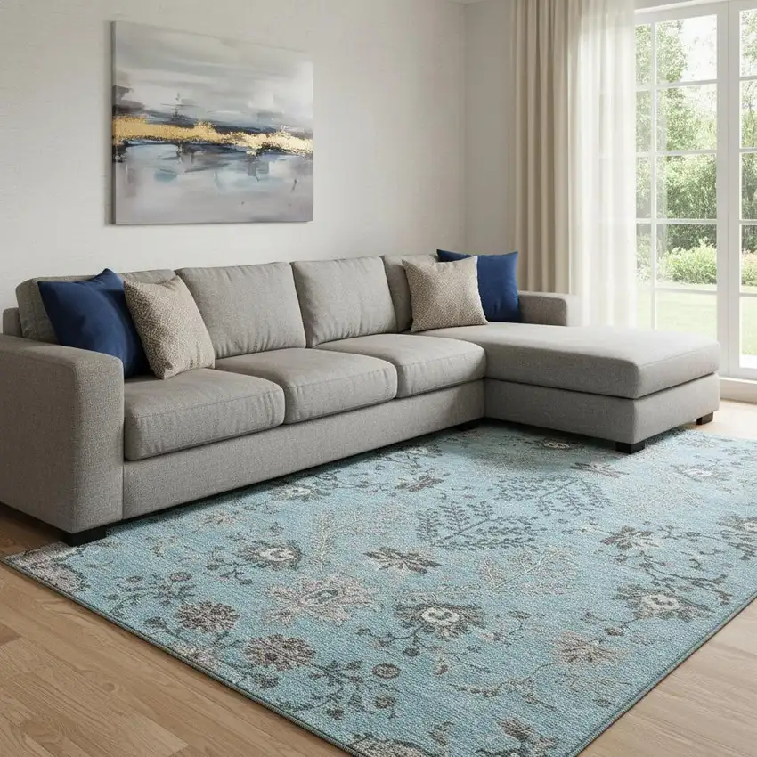 Sky Blue Beige And Gray Floral Washable Area Rug With UV Protection Photo 2