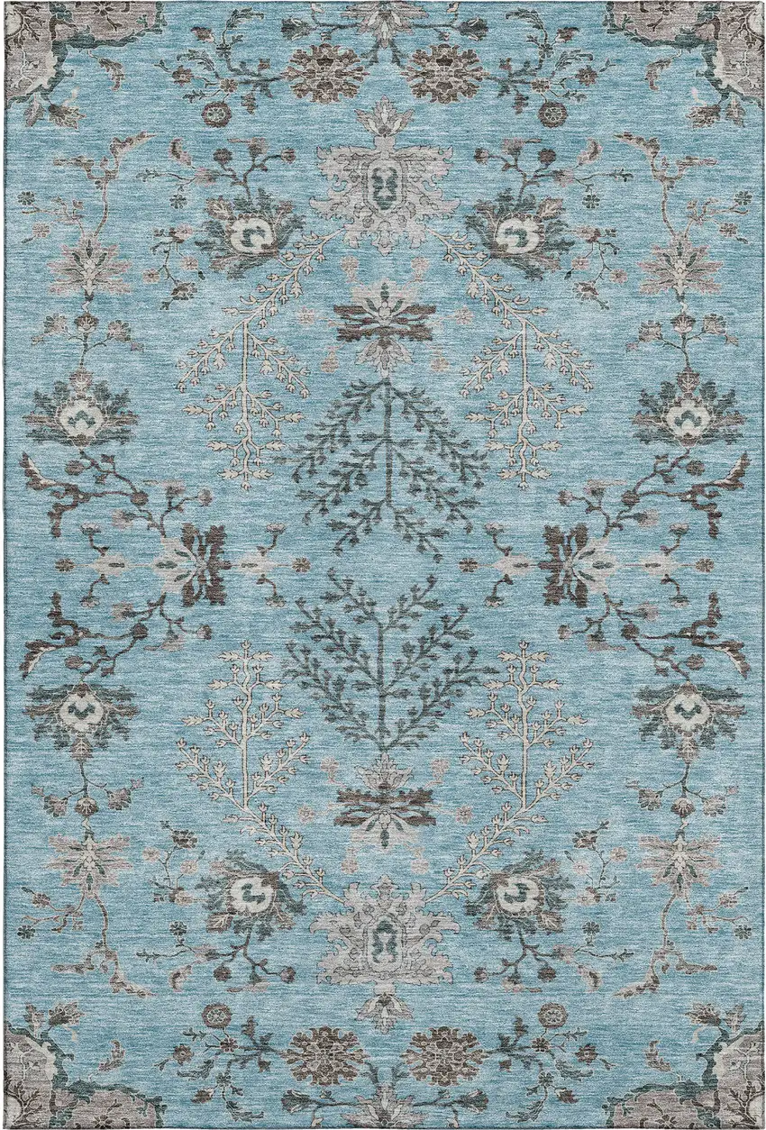 Sky Blue Beige And Gray Floral Washable Area Rug With UV Protection Photo 1