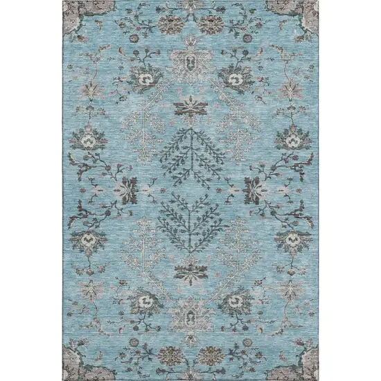 Sky Blue Beige And Gray Floral Washable Area Rug With UV Protection Photo 1
