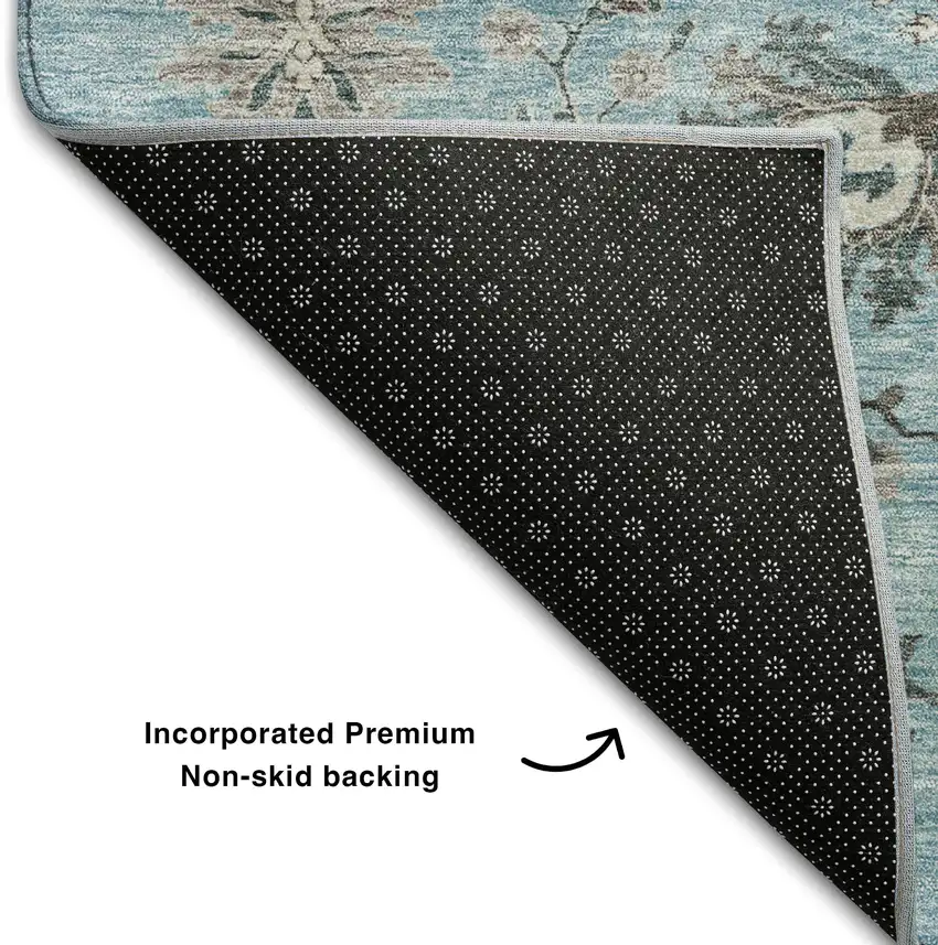 Sky Blue Beige And Gray Floral Washable Area Rug With UV Protection Photo 6