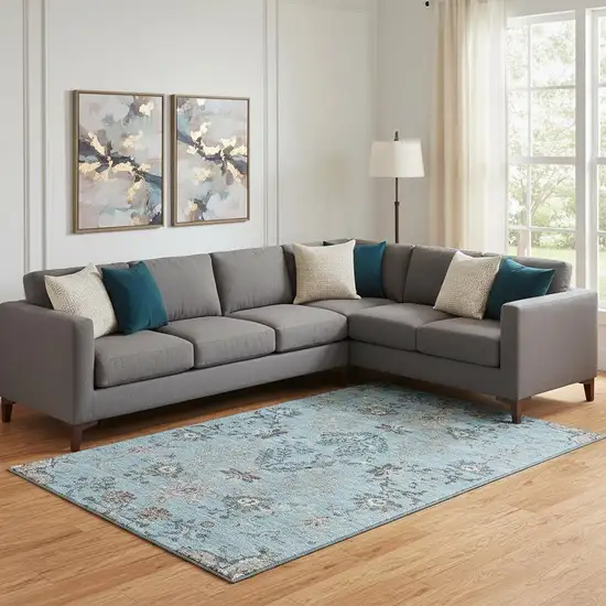 Sky Blue Beige And Gray Floral Washable Area Rug With UV Protection Photo 2