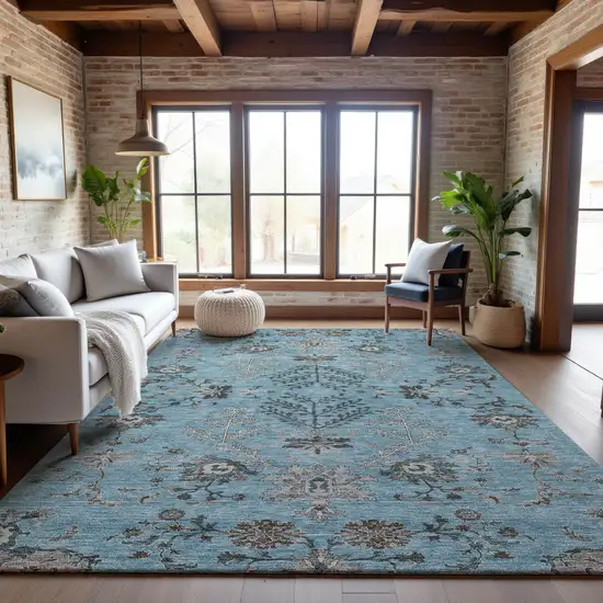 Sky Blue Beige And Gray Floral Washable Area Rug With UV Protection Photo 4