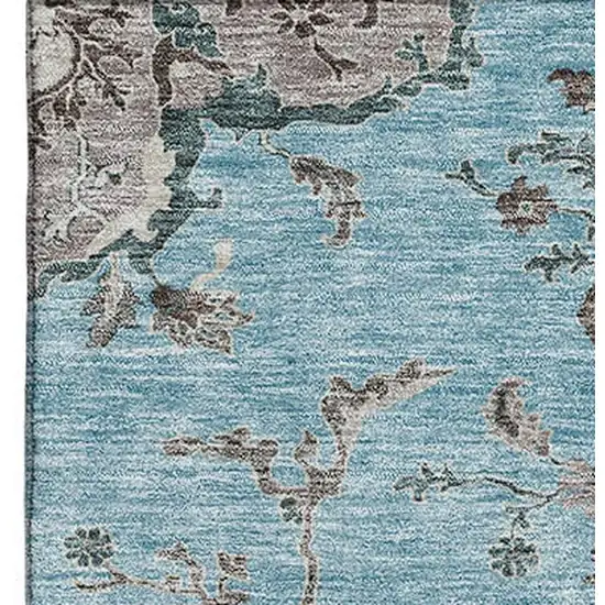 Sky Blue Beige And Gray Floral Washable Area Rug With UV Protection Photo 2