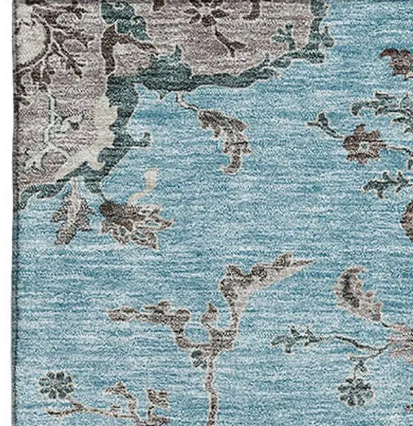 Sky Blue Beige And Gray Floral Washable Area Rug With UV Protection Photo 2