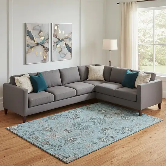 Sky Blue Beige And Gray Floral Washable Area Rug With UV Protection Photo 2