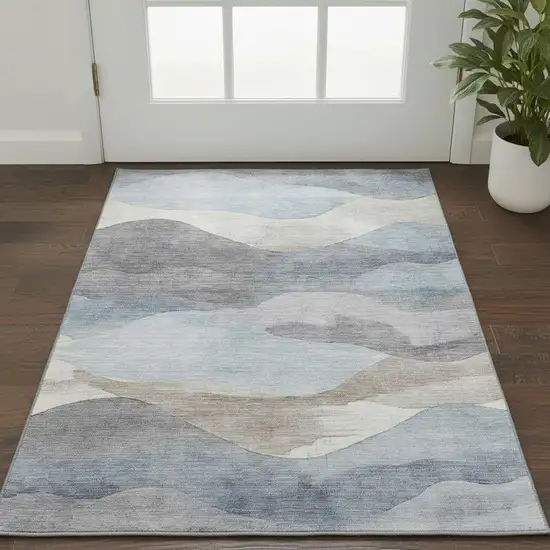 Sky Blue Beige And Ivory Abstract Washable Area Rug With UV Protection Photo 2