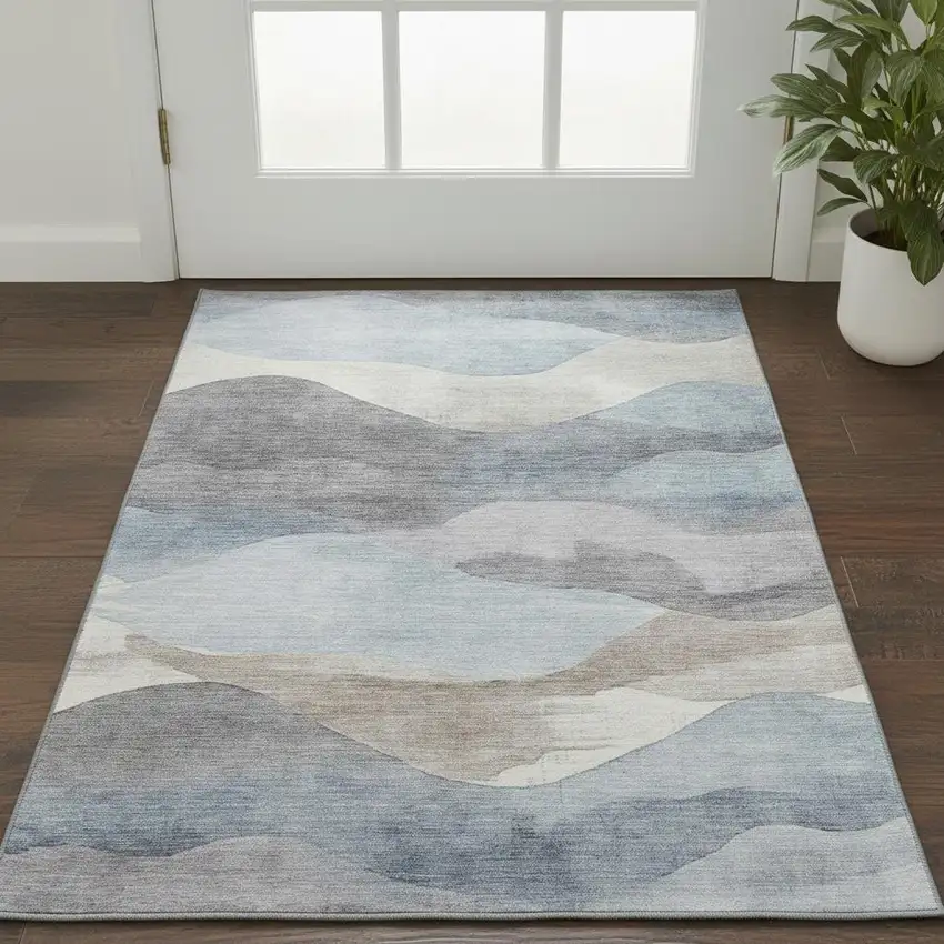 Sky Blue Beige And Ivory Abstract Washable Area Rug With UV Protection Photo 2