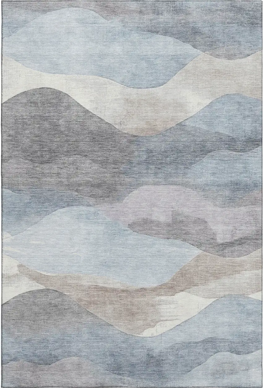 Sky Blue Beige And Ivory Abstract Washable Area Rug With UV Protection Photo 1