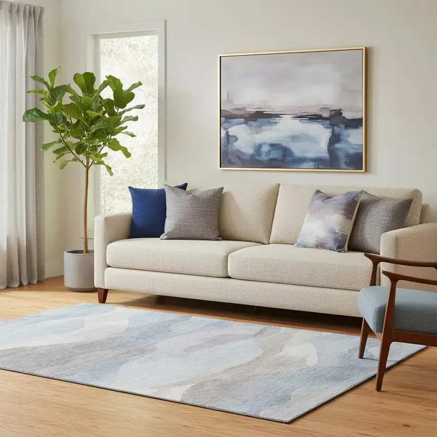 Sky Blue Beige And Ivory Abstract Washable Area Rug With UV Protection Photo 2