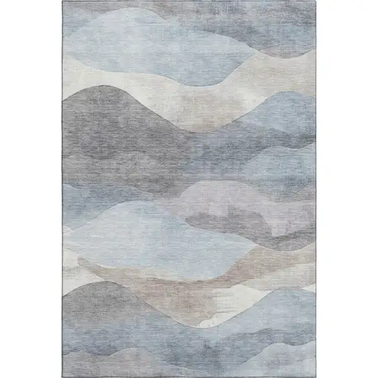 Sky Blue Beige And Ivory Abstract Washable Area Rug With UV Protection Photo 1