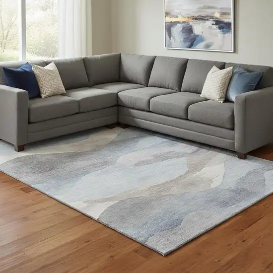 Sky Blue Beige And Ivory Abstract Washable Area Rug With UV Protection Photo 2