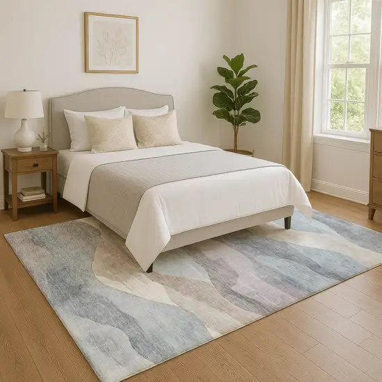 Sky Blue Beige And Ivory Abstract Washable Area Rug With UV Protection Photo 5