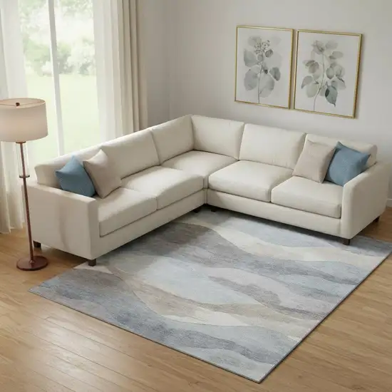 Sky Blue Beige And Ivory Abstract Washable Area Rug With UV Protection Photo 2