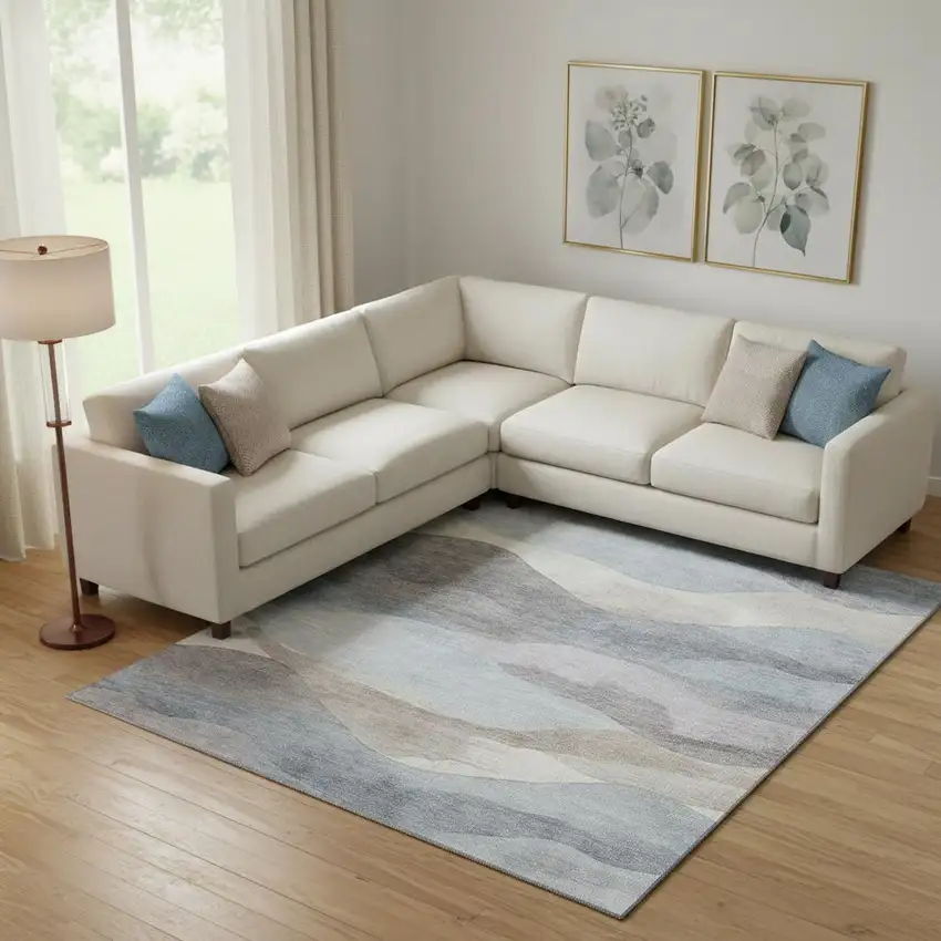 Sky Blue Beige And Ivory Abstract Washable Area Rug With UV Protection Photo 2