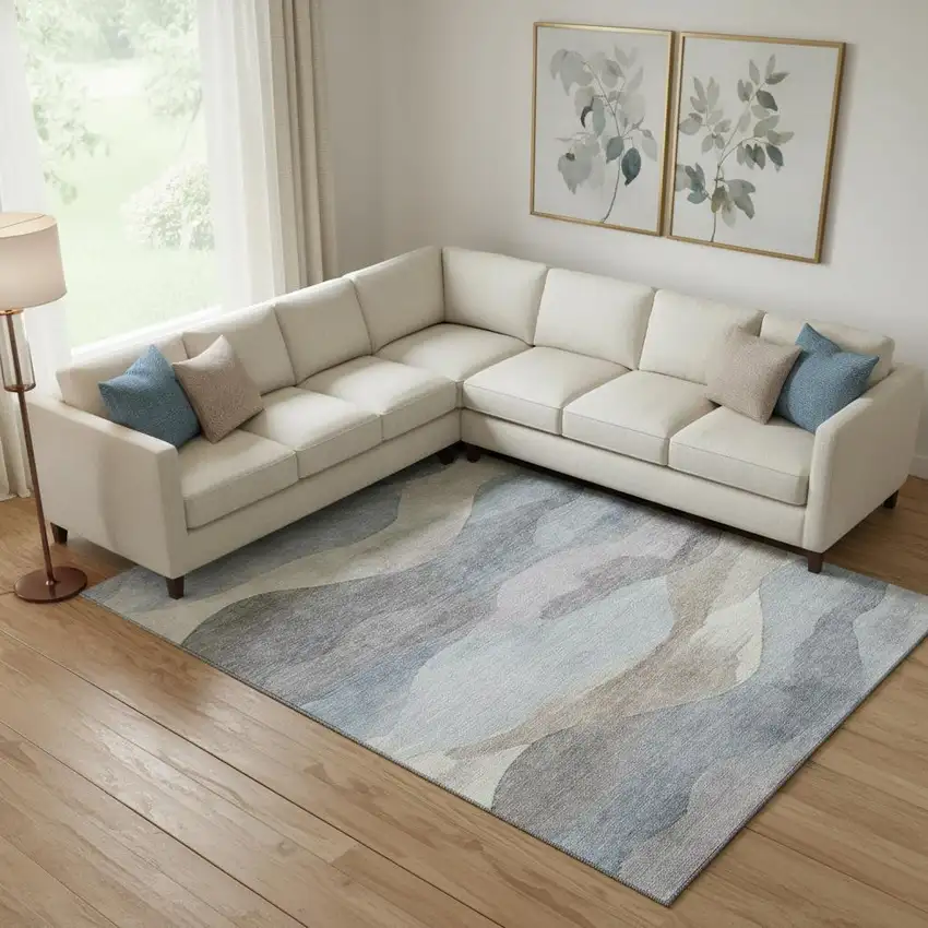 Sky Blue Beige And Ivory Abstract Washable Area Rug With UV Protection Photo 2