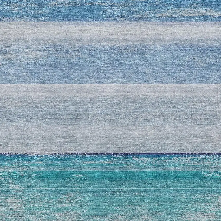 Sky Blue Beige And Ivory Striped Washable Area Rug With UV Protection Photo 2