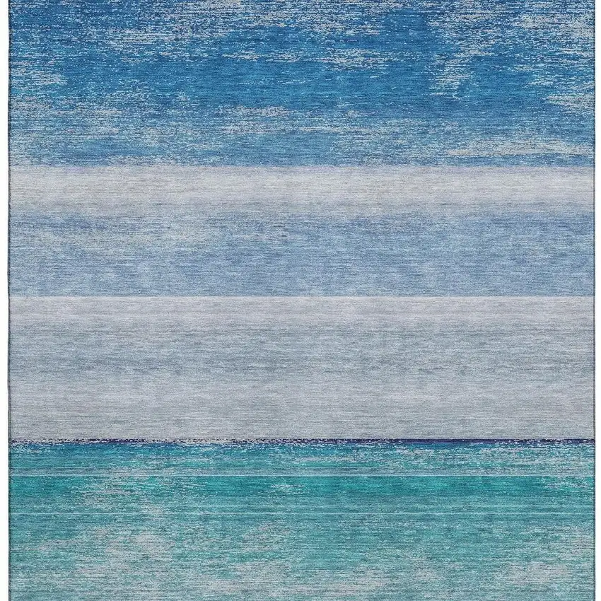 Sky Blue Beige And Ivory Striped Washable Area Rug With UV Protection Photo 3