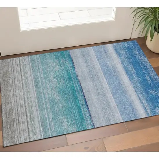 Sky Blue Beige And Ivory Striped Washable Area Rug With UV Protection Photo 1