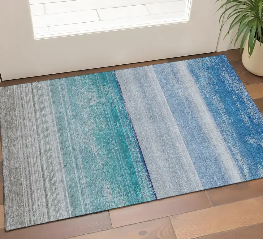 Sky Blue Beige And Ivory Striped Washable Area Rug With UV Protection Photo 1