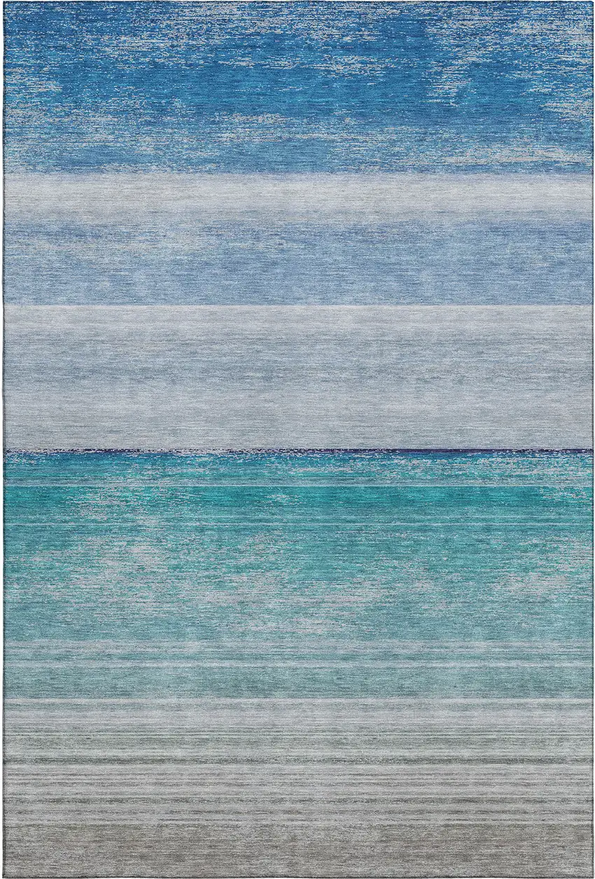 Sky Blue Beige And Ivory Striped Washable Area Rug With UV Protection Photo 1
