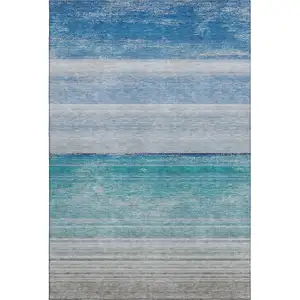 Photo of Sky Blue Beige And Ivory Striped Washable Area Rug With UV Protection