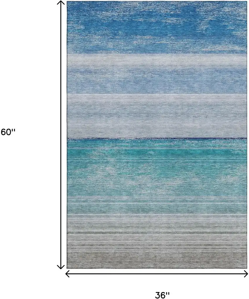 Sky Blue Beige And Ivory Striped Washable Area Rug With UV Protection Photo 3