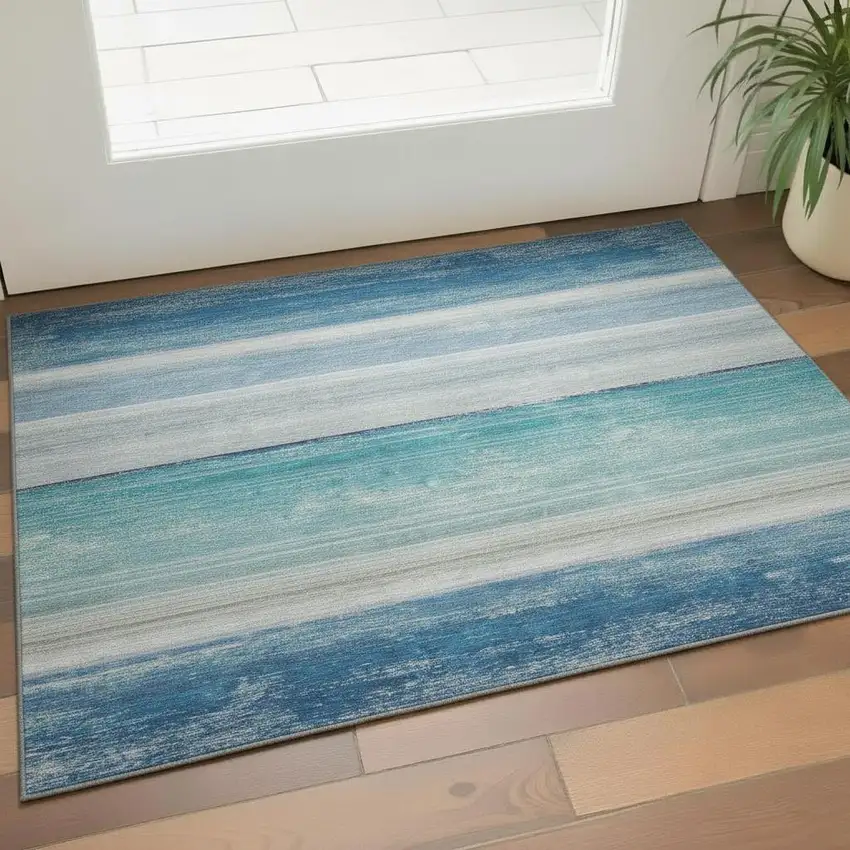 Sky Blue Beige And Ivory Striped Washable Area Rug With UV Protection Photo 2