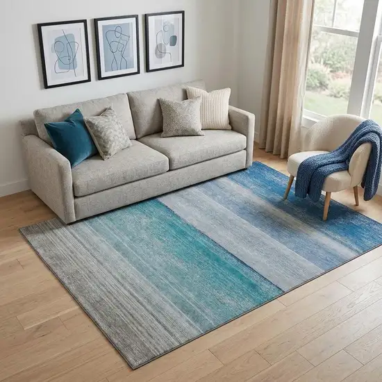 Sky Blue Beige And Ivory Striped Washable Area Rug With UV Protection Photo 1