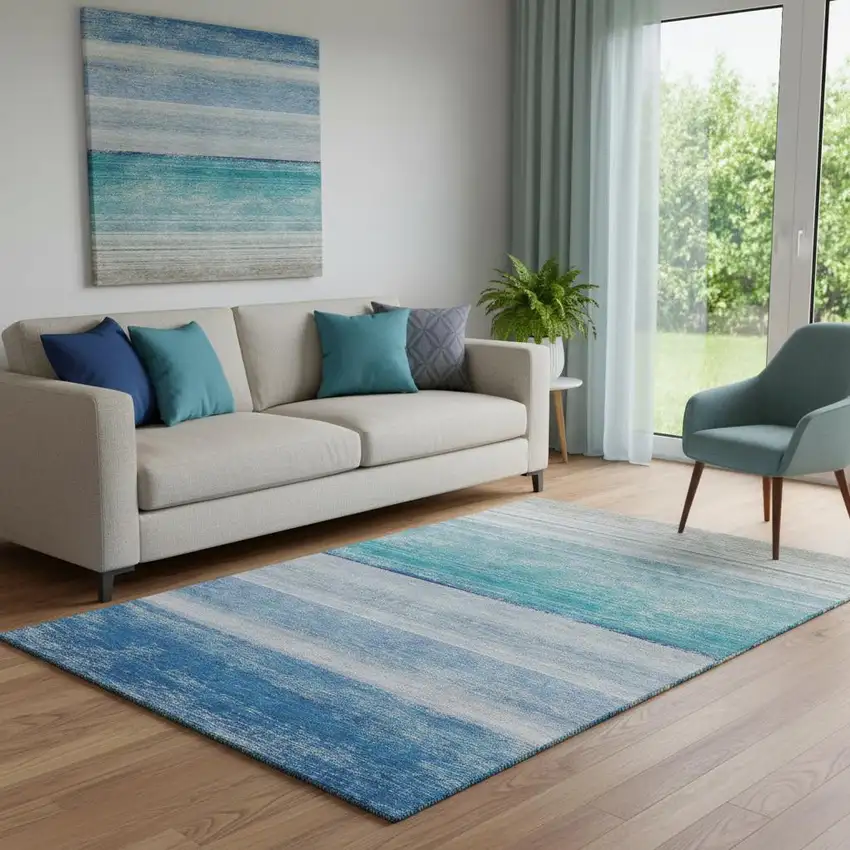 Sky Blue Beige And Ivory Striped Washable Area Rug With UV Protection Photo 2