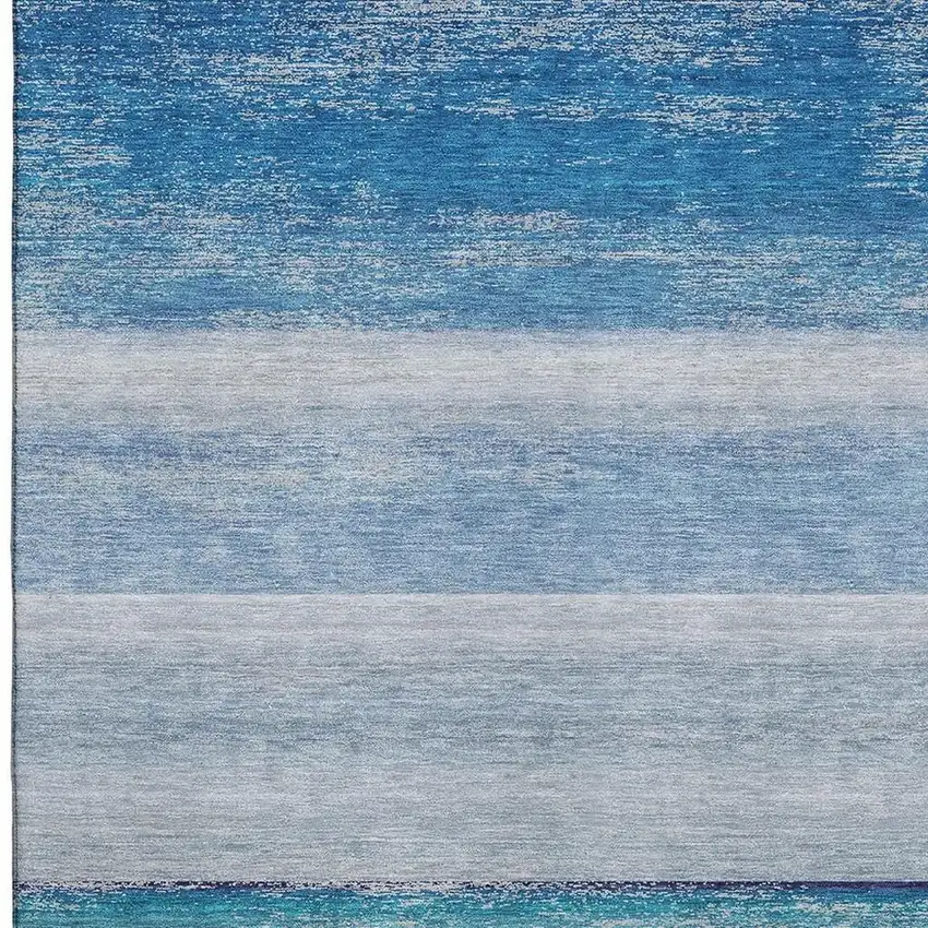 Sky Blue Beige And Ivory Striped Washable Area Rug With UV Protection Photo 2