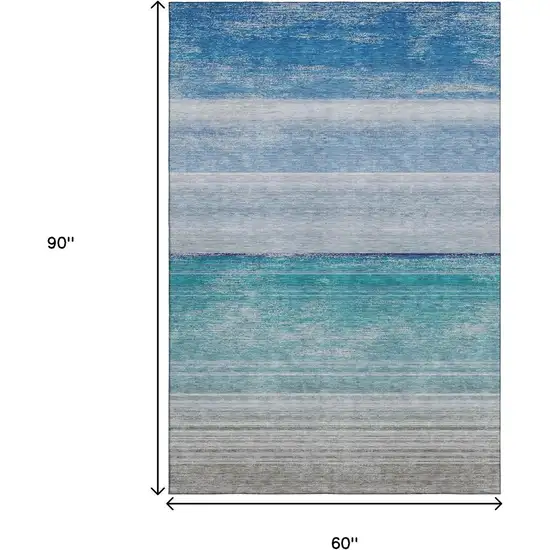Sky Blue Beige And Ivory Striped Washable Area Rug With UV Protection Photo 7