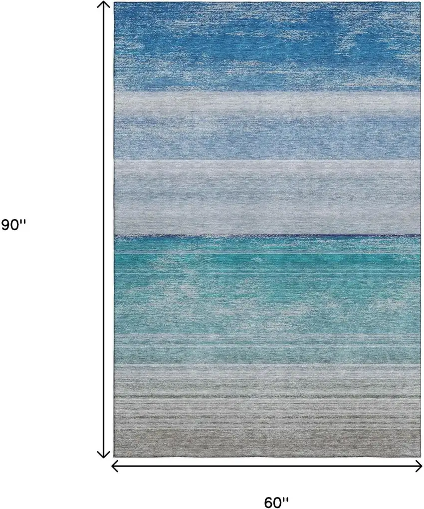 Sky Blue Beige And Ivory Striped Washable Area Rug With UV Protection Photo 7
