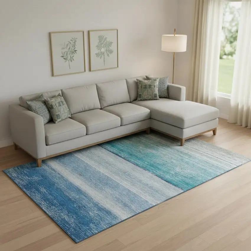 Sky Blue Beige And Ivory Striped Washable Area Rug With UV Protection Photo 2