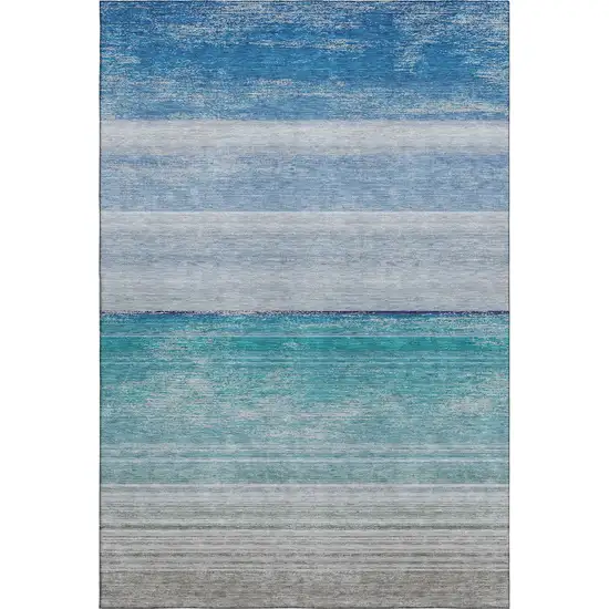 Sky Blue Beige And Ivory Striped Washable Area Rug With UV Protection Photo 1