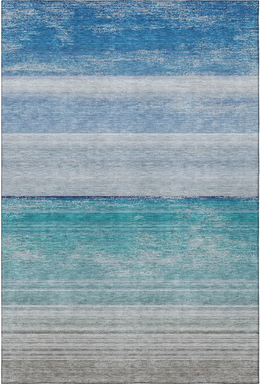 Sky Blue Beige And Ivory Striped Washable Area Rug With UV Protection Photo 3