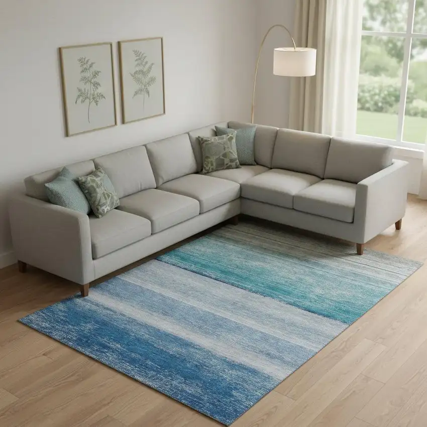 Sky Blue Beige And Ivory Striped Washable Area Rug With UV Protection Photo 2