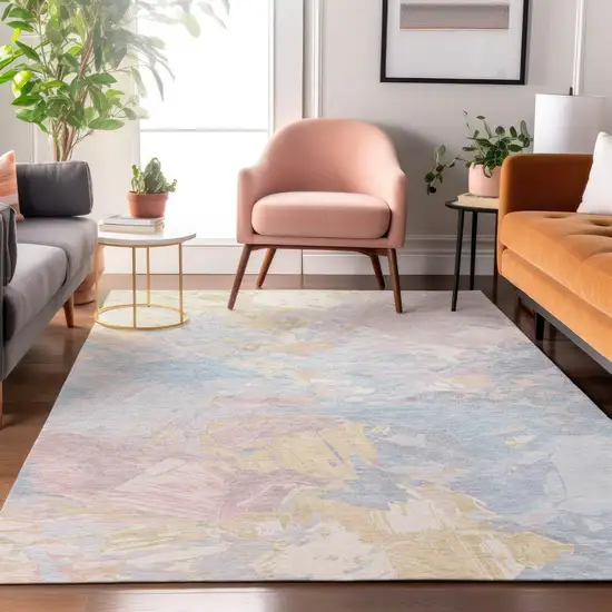 Sky Blue Beige And Mauve Abstract Washable Area Rug With UV Protection Photo 4