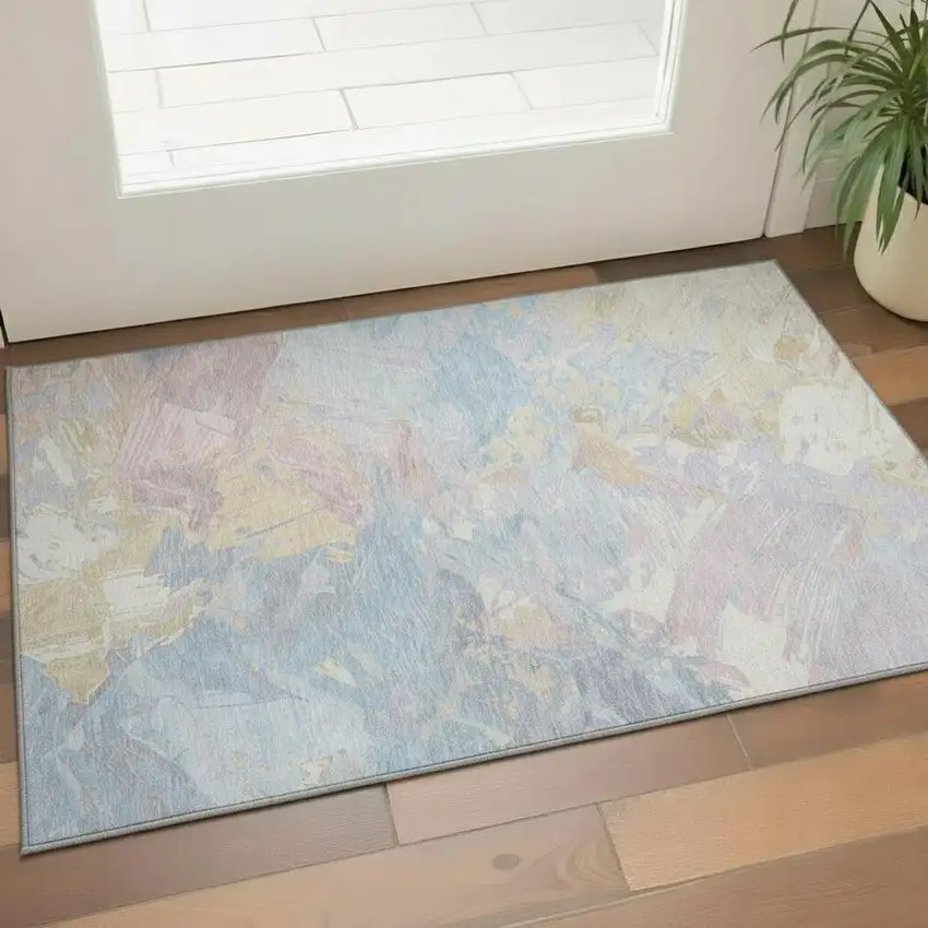 Sky Blue Beige And Mauve Abstract Washable Area Rug With UV Protection Photo 2