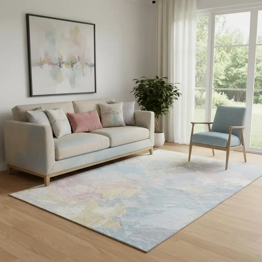 Sky Blue Beige And Mauve Abstract Washable Area Rug With UV Protection Photo 2