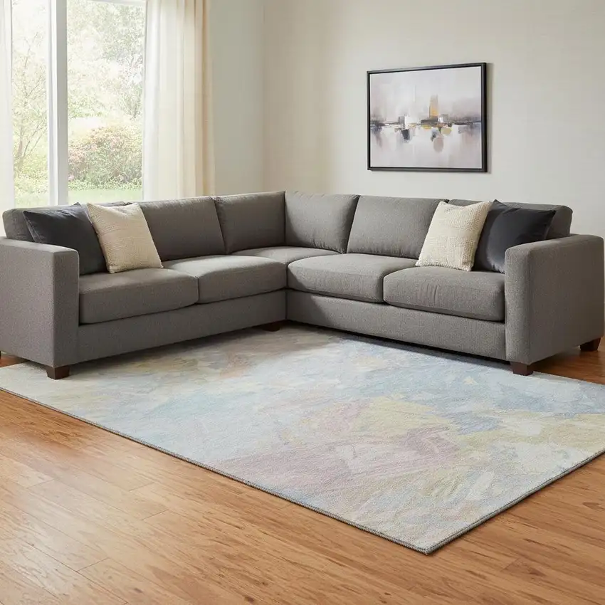 Sky Blue Beige And Mauve Abstract Washable Area Rug With UV Protection Photo 2