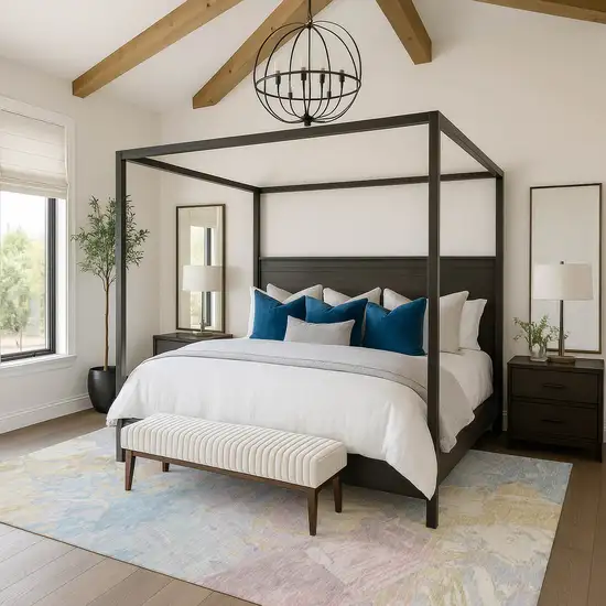 Sky Blue Beige And Mauve Abstract Washable Area Rug With UV Protection Photo 5