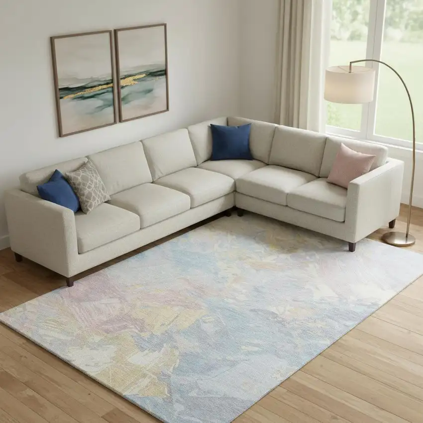 Sky Blue Beige And Mauve Abstract Washable Area Rug With UV Protection Photo 1