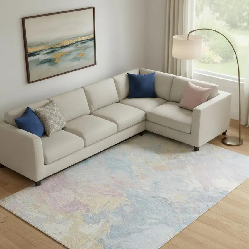 Sky Blue Beige And Mauve Abstract Washable Area Rug With UV Protection Photo 2