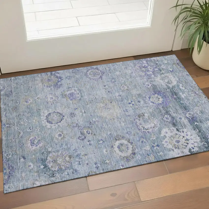 Sky Blue Beige And Purple Floral Washable Area Rug With UV Protection Photo 1
