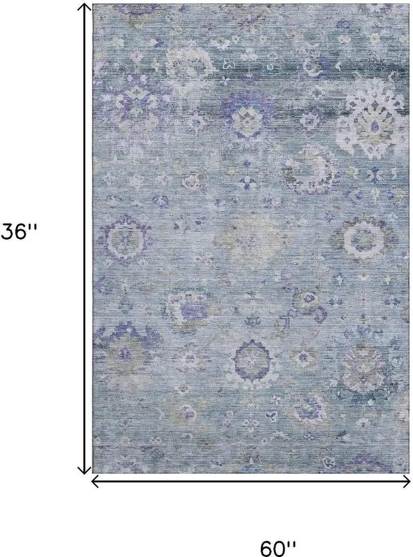 Sky Blue Beige And Purple Floral Washable Area Rug With UV Protection Photo 9